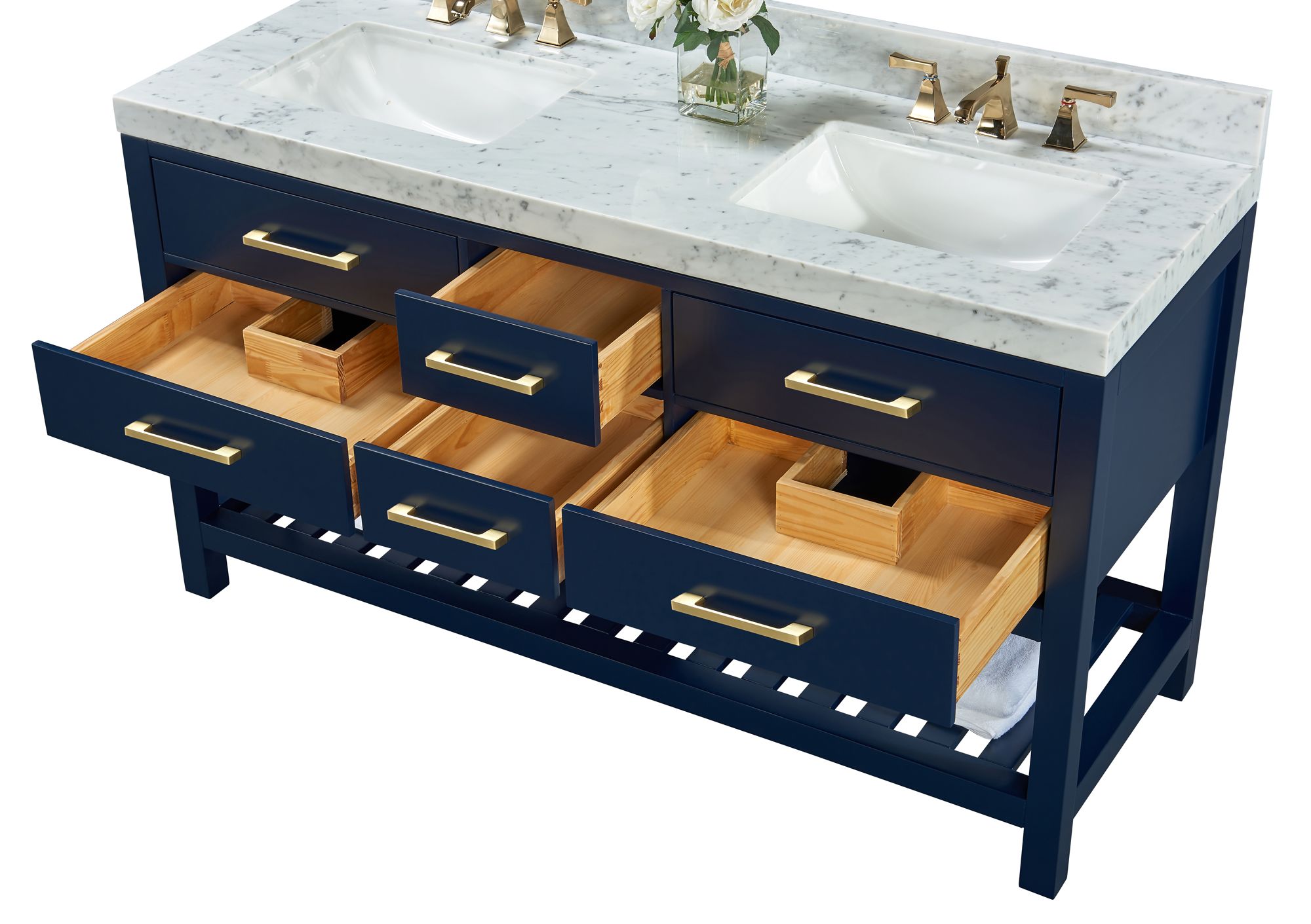 Elizabeth 60"W Heritage Blue White Marble Double Sink Vanity