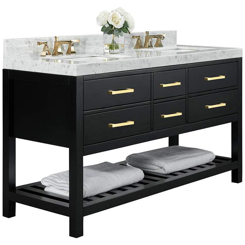 Image 2 Elizabeth 60"W Onyx Black White Marble Double Sink Vanity