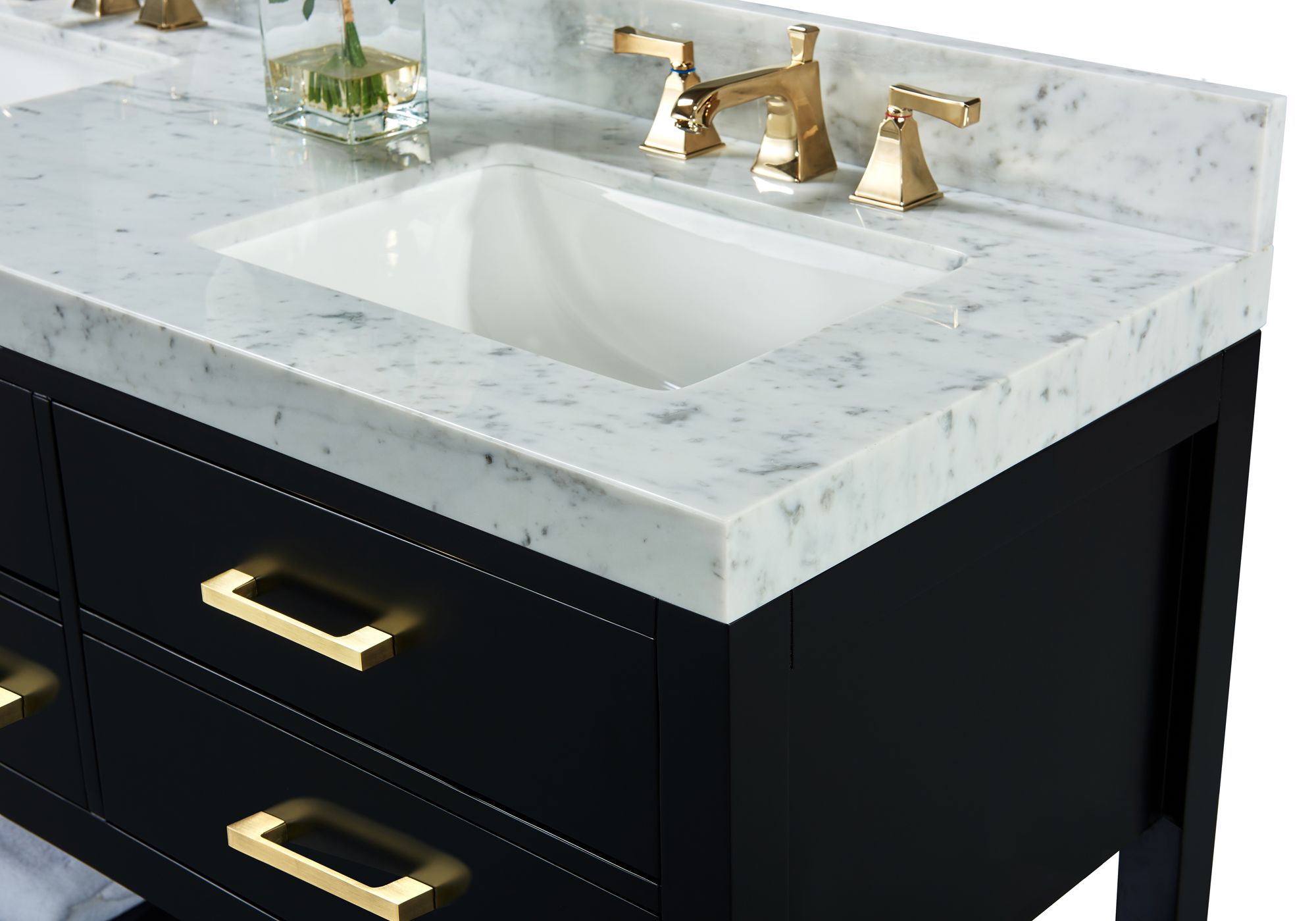Elizabeth 60"W Onyx Black White Marble Double Sink Vanity in scene