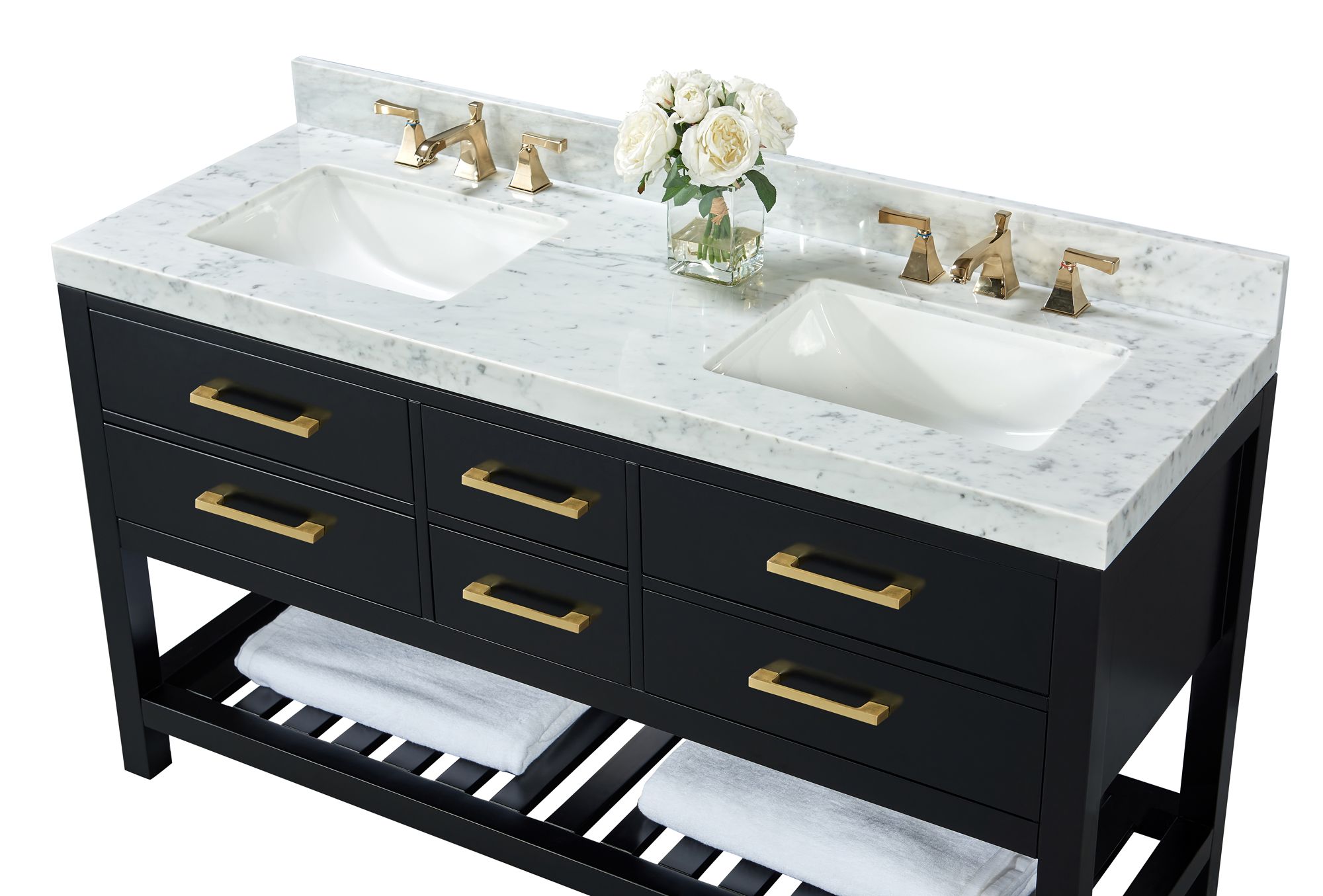 Elizabeth 60"W Onyx Black White Marble Double Sink Vanity in scene