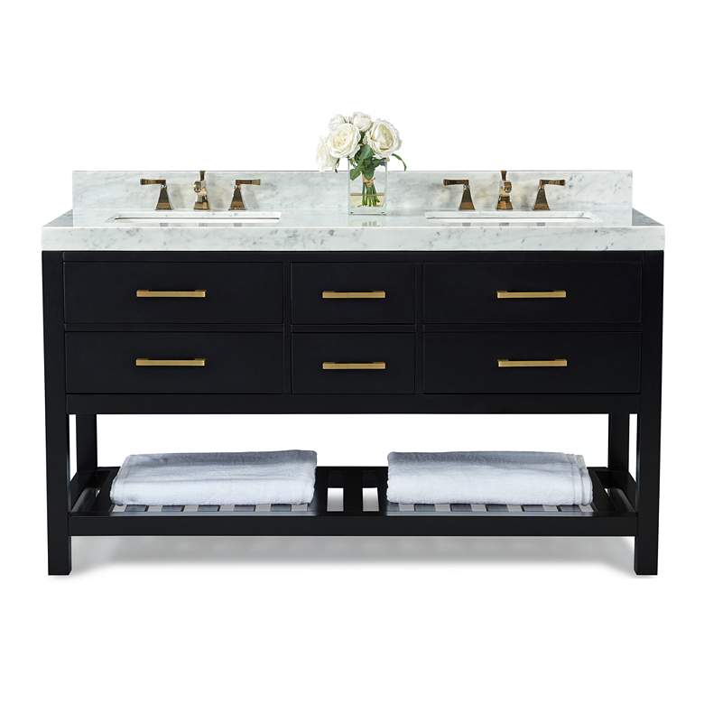 Image 5 Elizabeth 60 inchW Onyx Black White Marble Double Sink Vanity more views