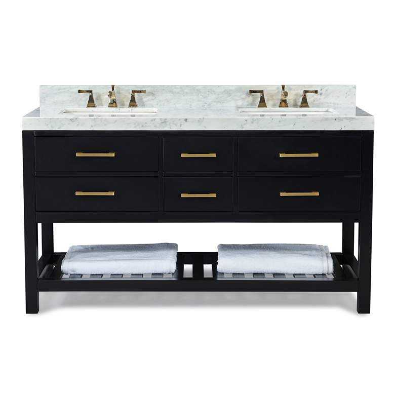 Image 7 Elizabeth 60"W Onyx Black White Marble Double Sink Vanity more views