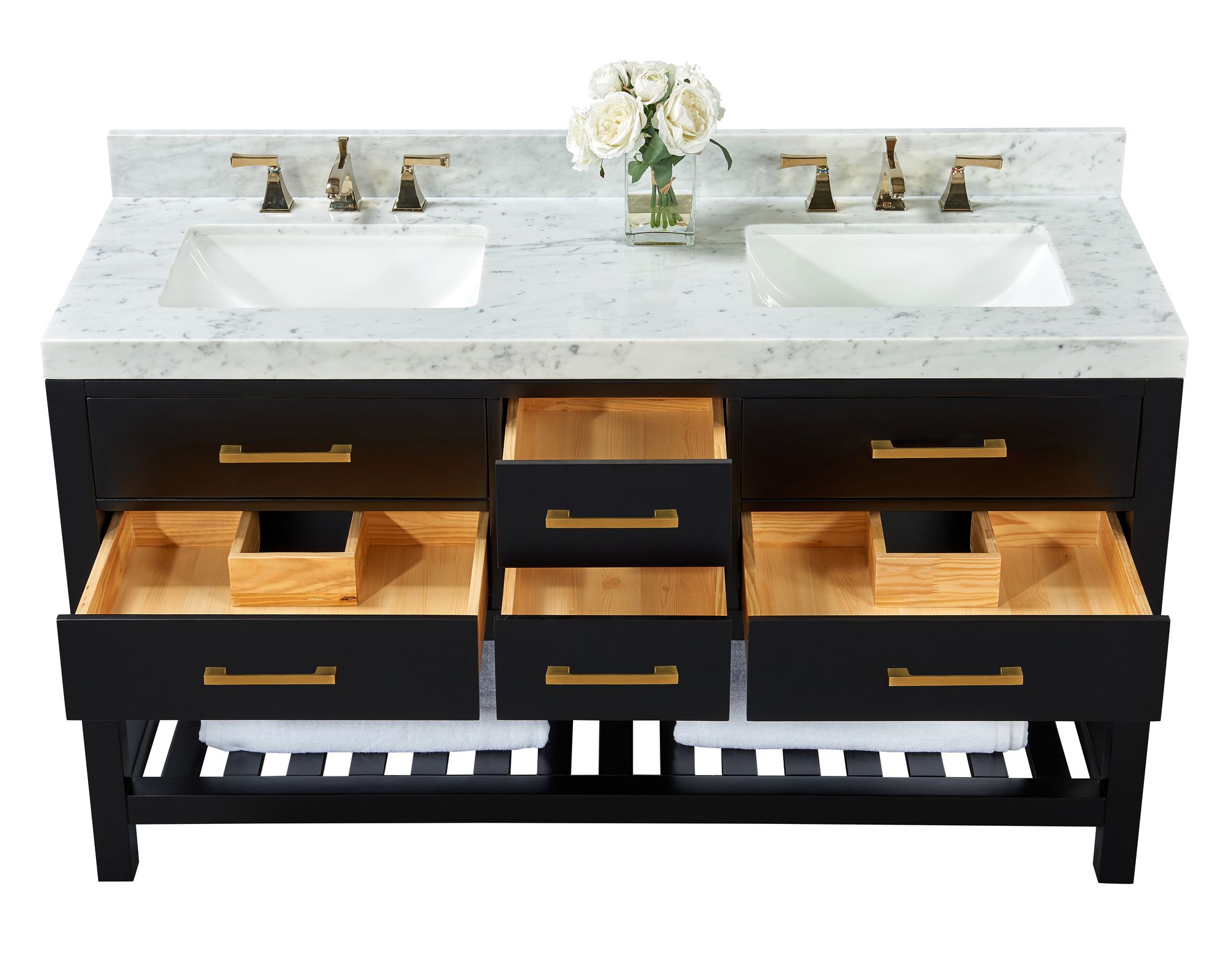 Elizabeth 60"W Onyx Black White Marble Double Sink Vanity in scene