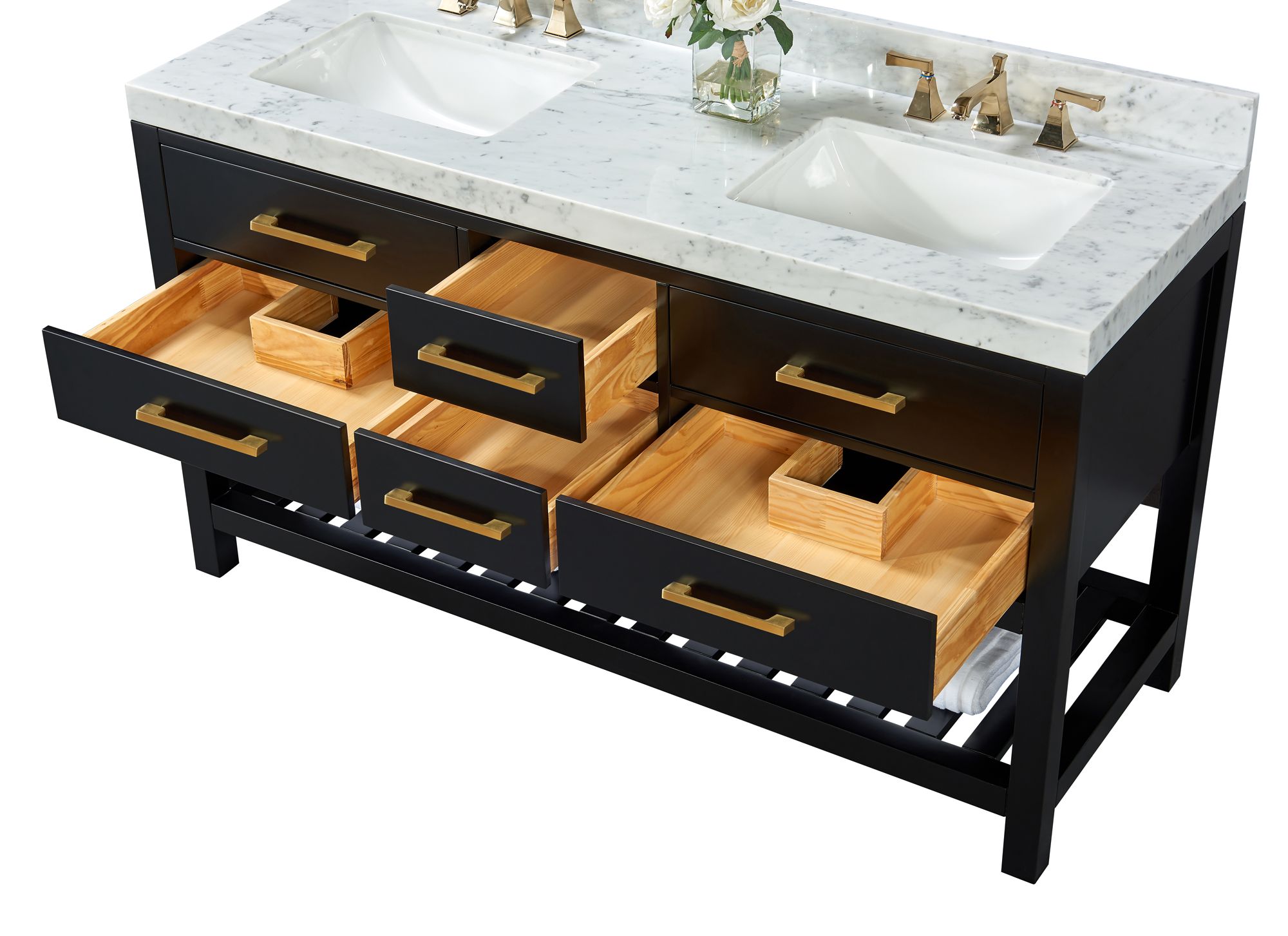Elizabeth 60"W Onyx Black White Marble Double Sink Vanity in scene