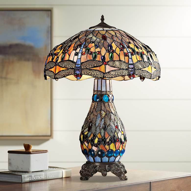 Image 1 Elk Lighting Dragonfly 26" Tiffany-Style Glass Night Light Table Lamp