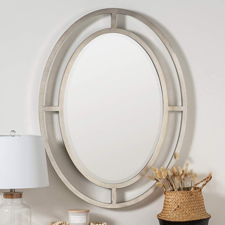 Image 1 Elle Silver Leaf Metal 30 1/2" x 40 1/2" Oval Wall Mirror