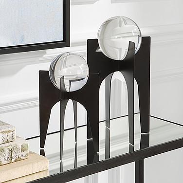 Ellianna 16"H Crystal Sphere Black Iron Sculptures Set of 2