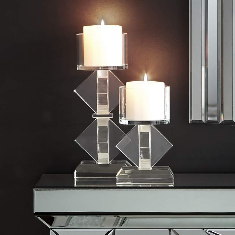 Image 1 Ellie Diamond Stack Glass Pillar Candle Holders Set of 2