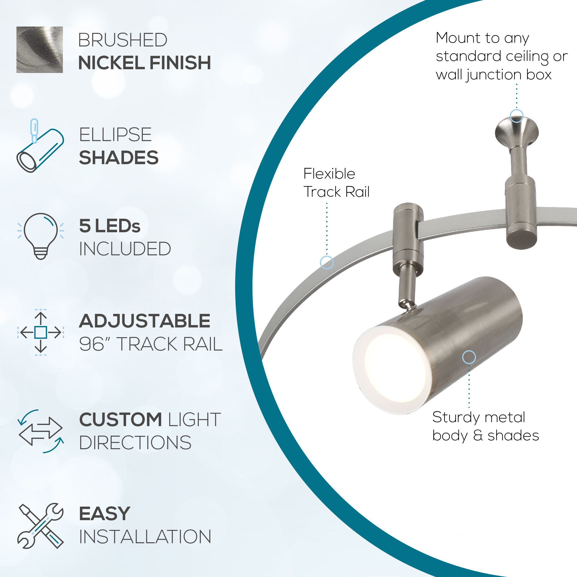 Ellipse 96" Wide 5-Light Brushed Nickel LED Flex Track