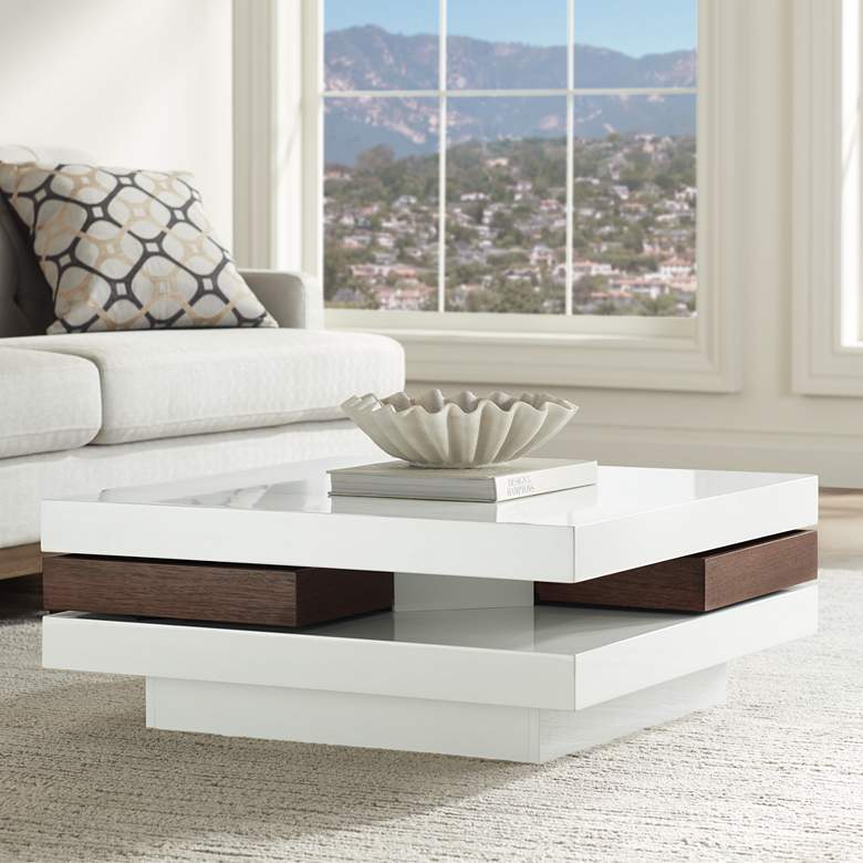 Image 1 Ellis 39 inch Wide White Lacquer and Walnut Square Coffee Table