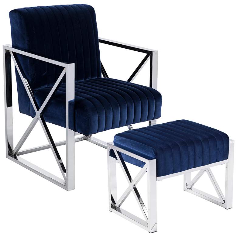 Image 1 Ellison Deep Blue Velveteen 2-Piece Armchair and Ottoman Set