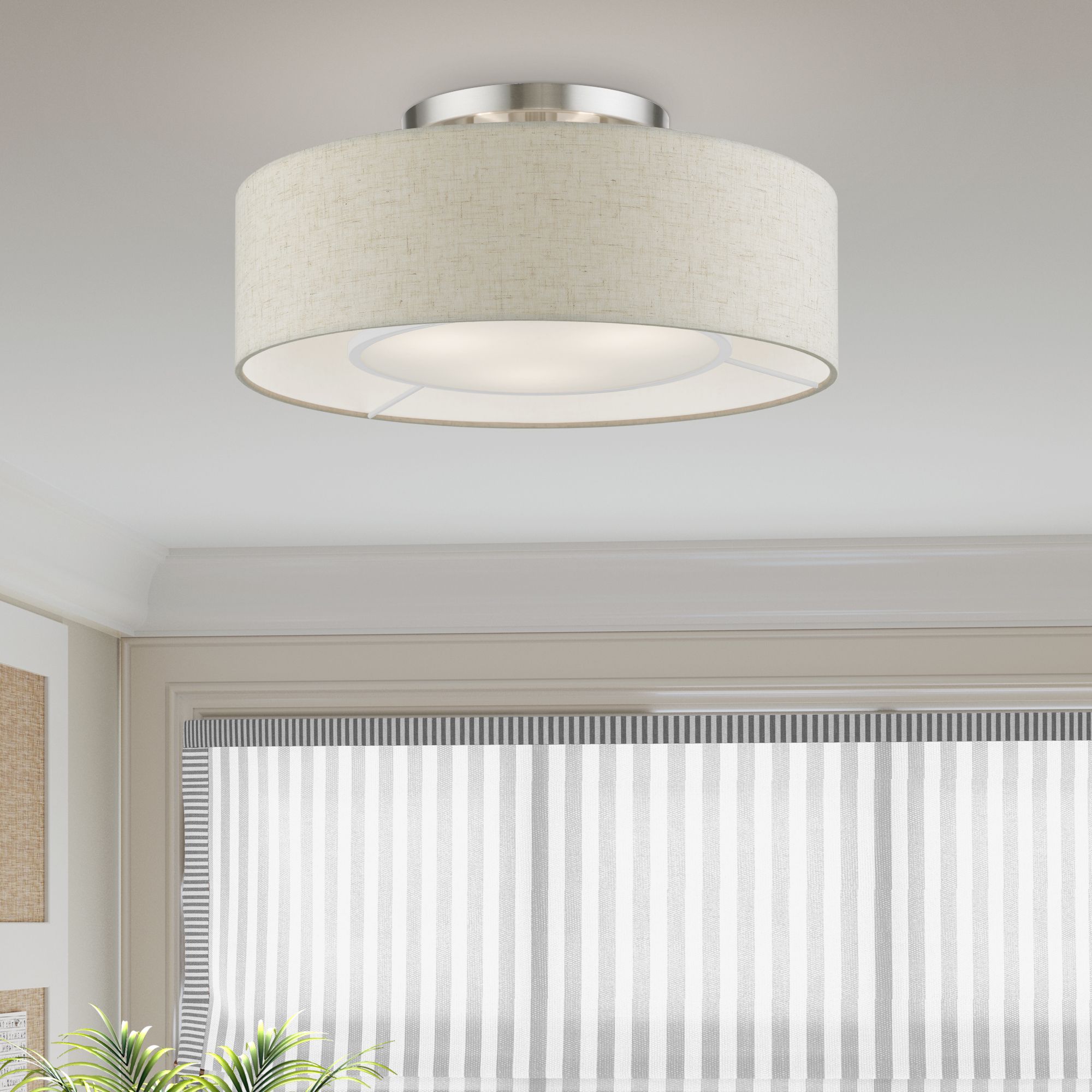 Ellsworth 3 Light Brushed Nickel with Shiny White Accents Semi-Flush