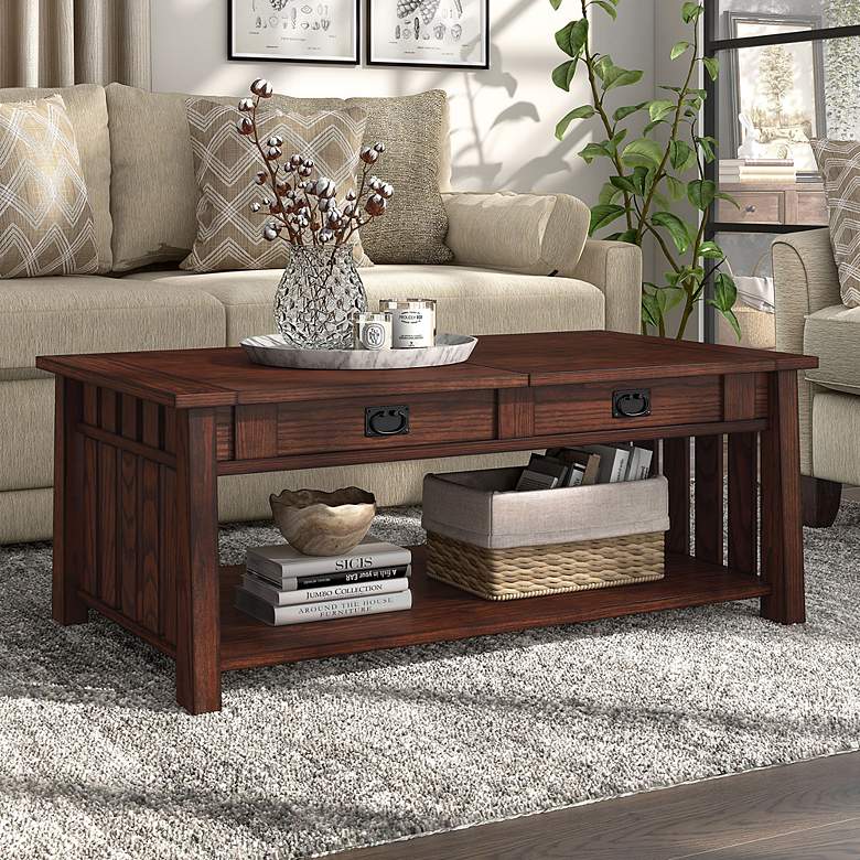 Image 1 Elm 46" Wide Dark Oak 2-Drawer Coffee Table with Lift-Top