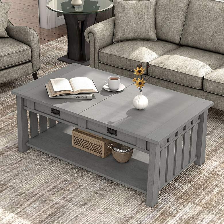 Image 1 Elm 46"W Antique Gray 2-Drawer Coffee Table with Lift-Top