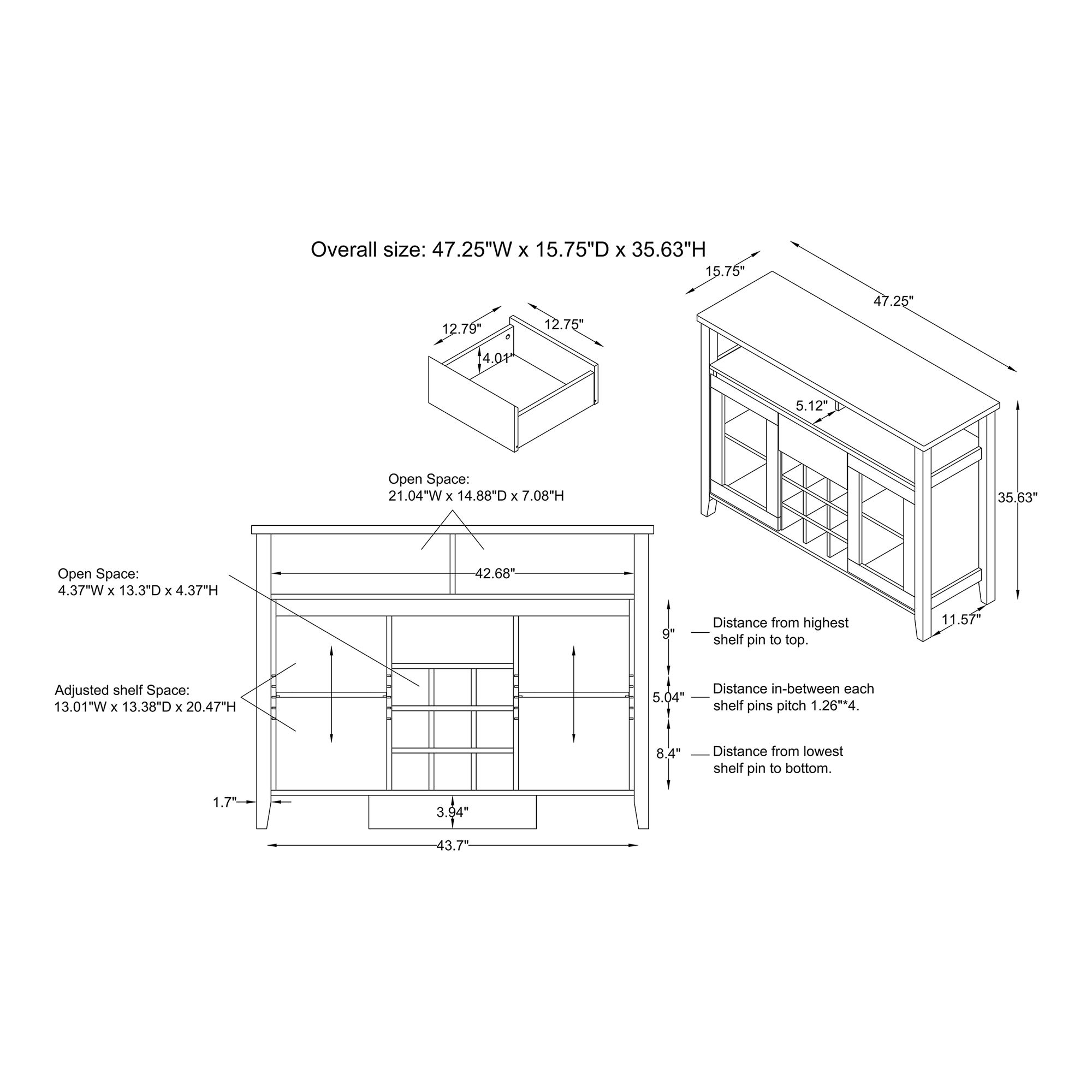 Elm 47 1/4" Wide Espresso Wood 1-Drawer 2-Door Buffet Table