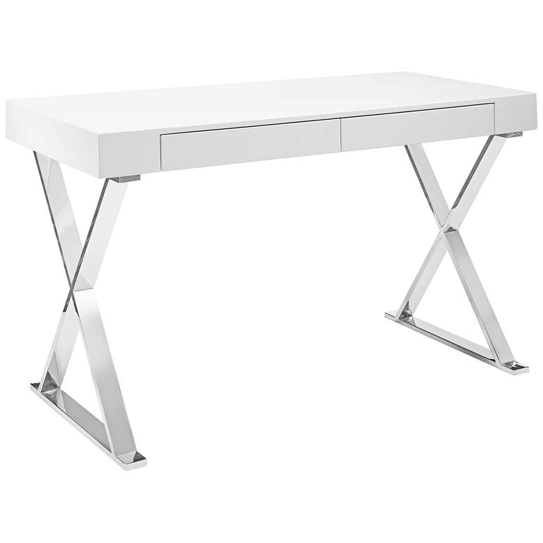 Image 1 Elm High Gloss White Wood and Stainless Steel 2-Drawer Desk