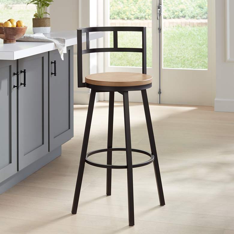 Image 1 Elm Lane Latham 25 1/4" Matte Black and Wood Swivel Counter Stool