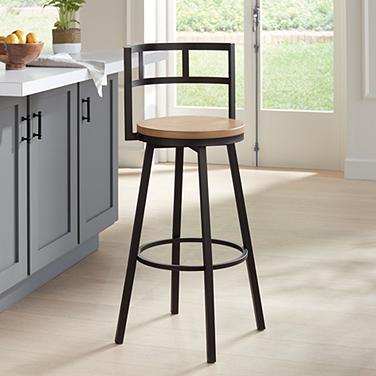 Elm Lane Latham 25 1/4" Matte Black and Wood Swivel Counter Stool