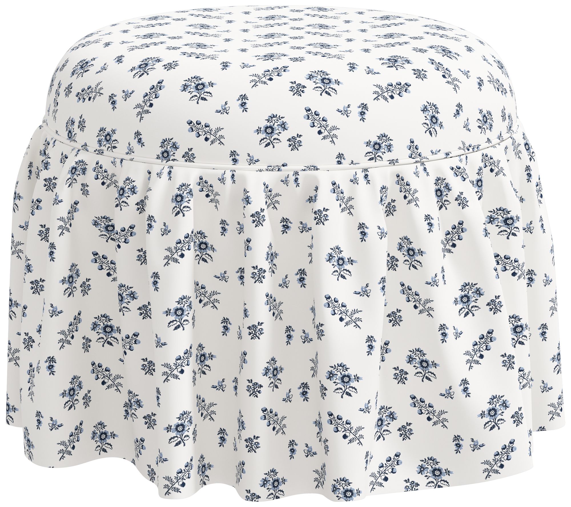 Eloise Blue Ditsy Floral Fabric Round Ottoman - Made to Order