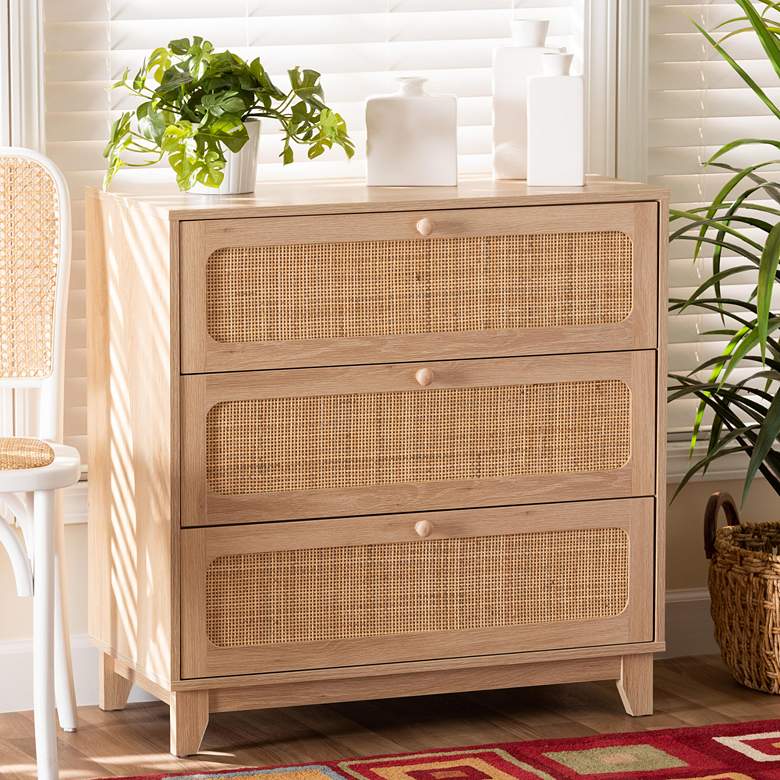 Image 1 Elsbeth 31 1/2"W Oak Brown Rattan 3-Drawer Storage Cabinet