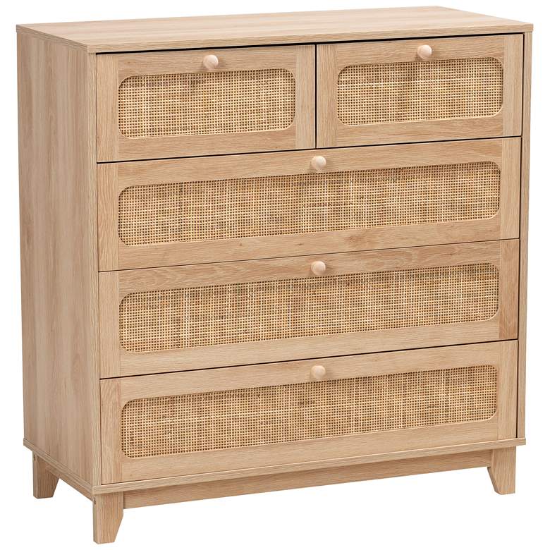 Image 2 Elsbeth 35 1/2 inchW Brown Wood Rattan 5-Drawer Storage Cabinet