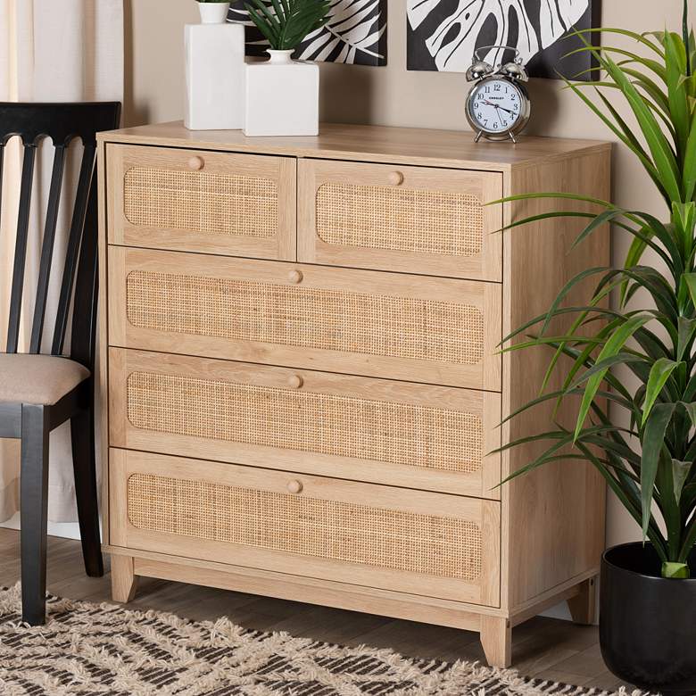 Image 1 Elsbeth 35 1/2"W Brown Wood Rattan 5-Drawer Storage Cabinet