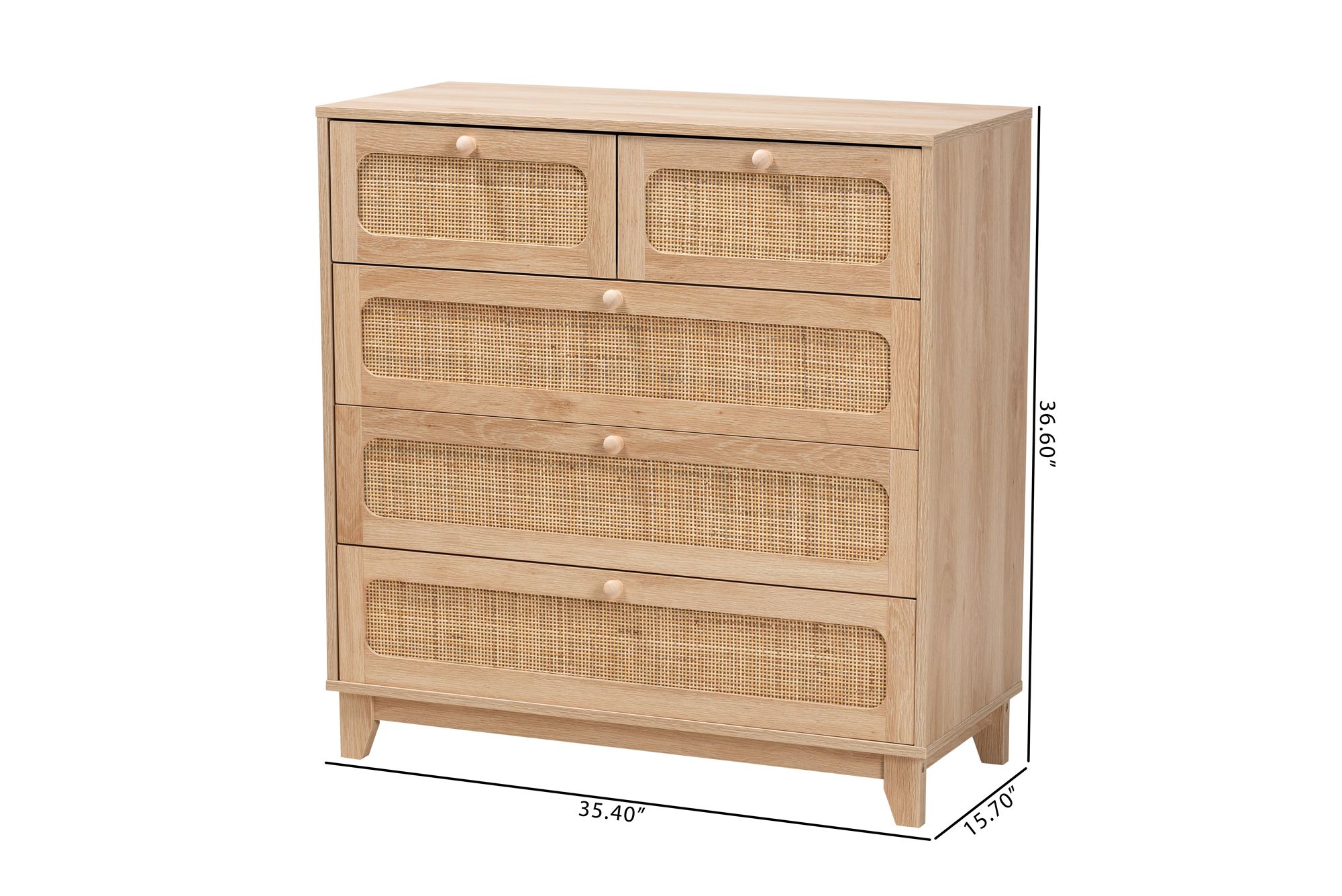 Elsbeth 35 1/2"W Brown Wood Rattan 5-Drawer Storage Cabinet