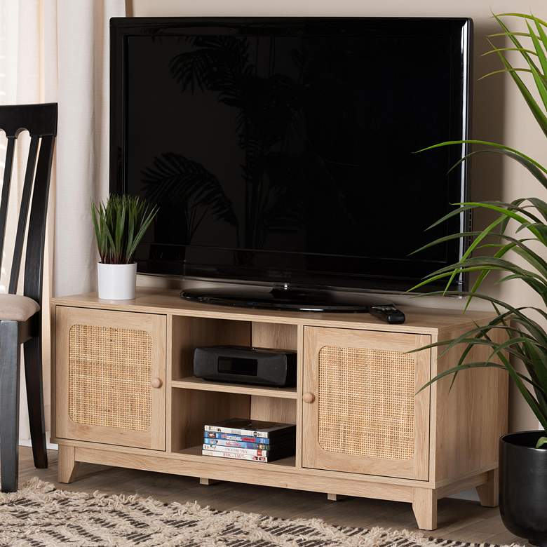 Image 1 Elsbeth 43 1/4"W Brown Wood Natural Rattan 2-Door TV Stand