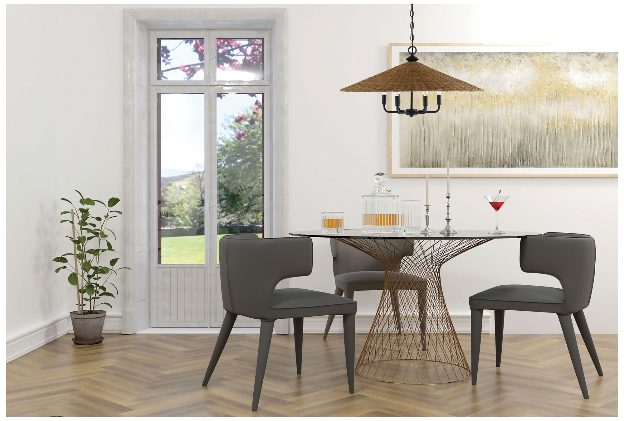 Eman 6-Light Pendant in Matte Black with Dark Rattan in scene