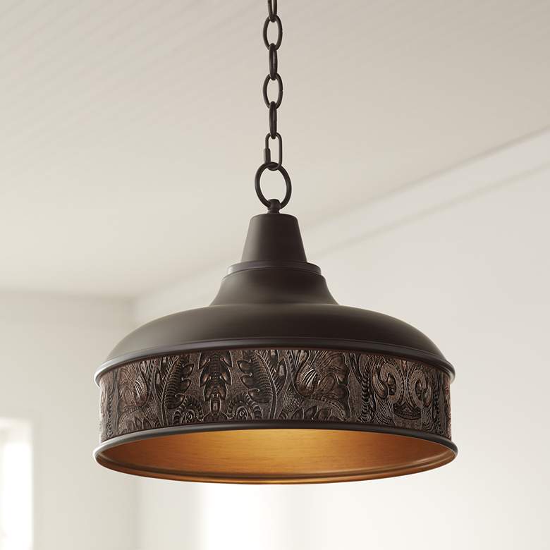 Image 1 Embossed Faux Leather 15" Wide Benson Bronze Pendant