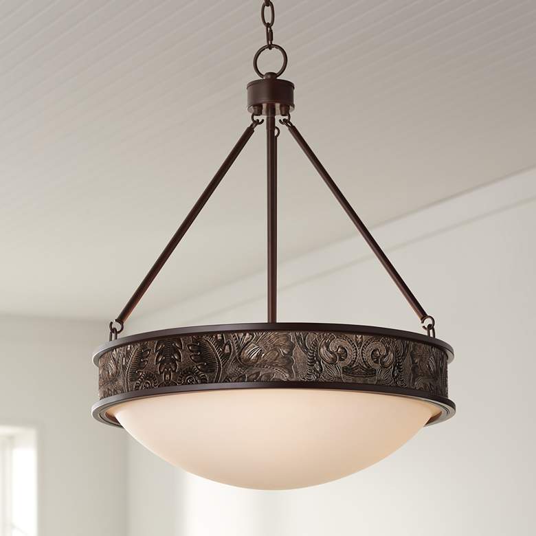 Embossed Faux Leather 20 1/2&quot; Wide Bronze Pendant Light