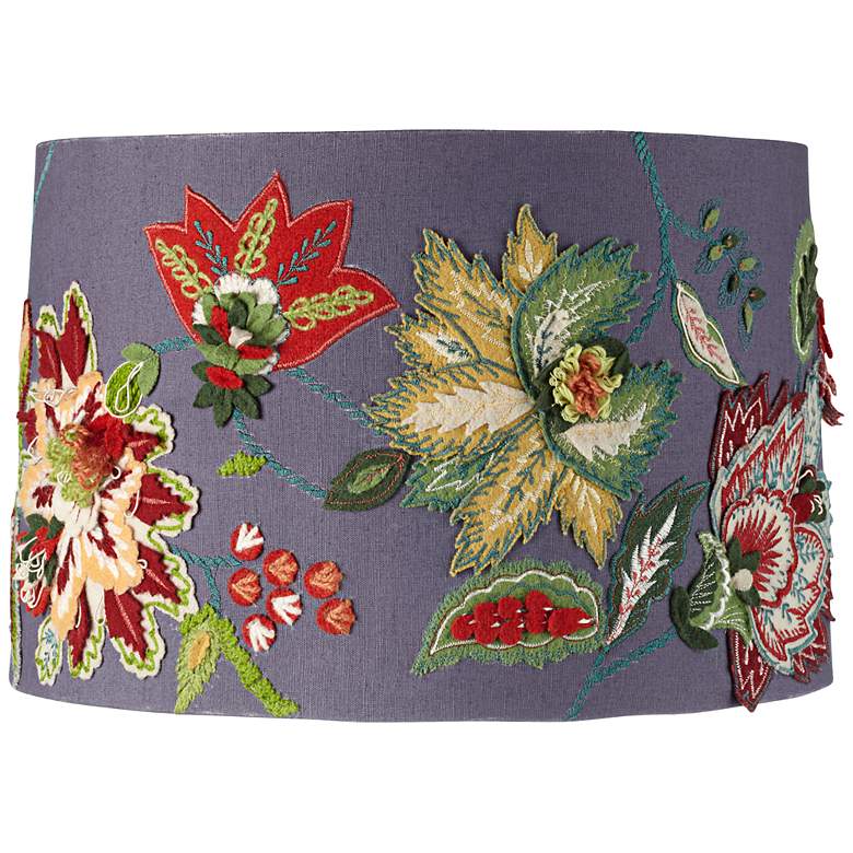 Image 1 Embroidered Blue Floral Drum Lamp Shade 15x16x10.5 (Spider)