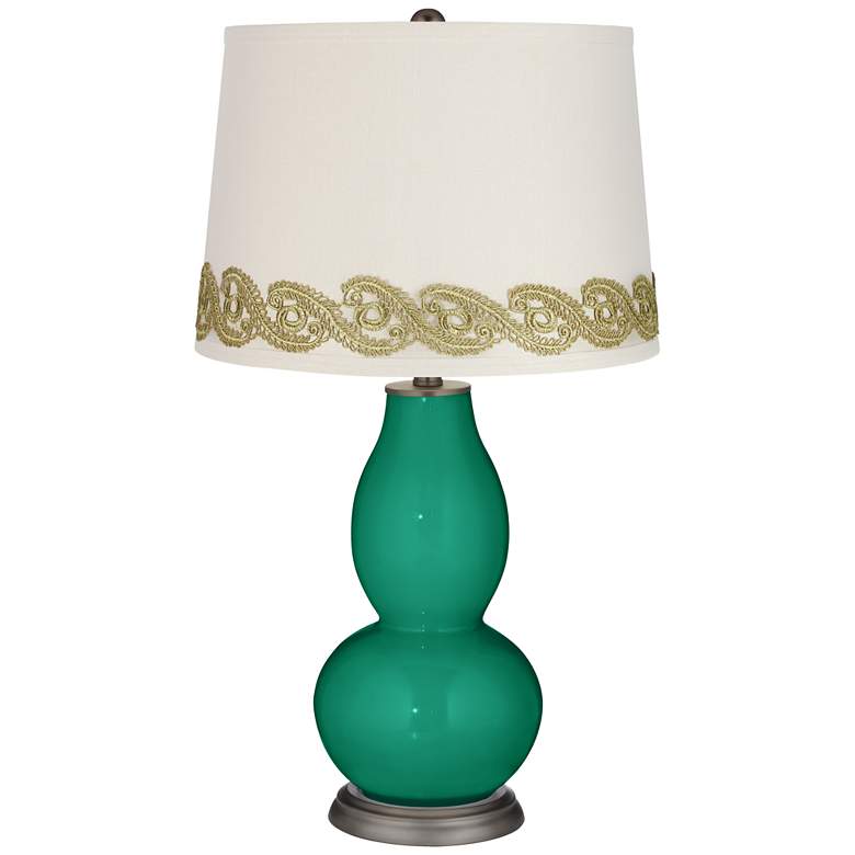 Image 1 Emerald Double Gourd Table Lamp with Vine Lace Trim