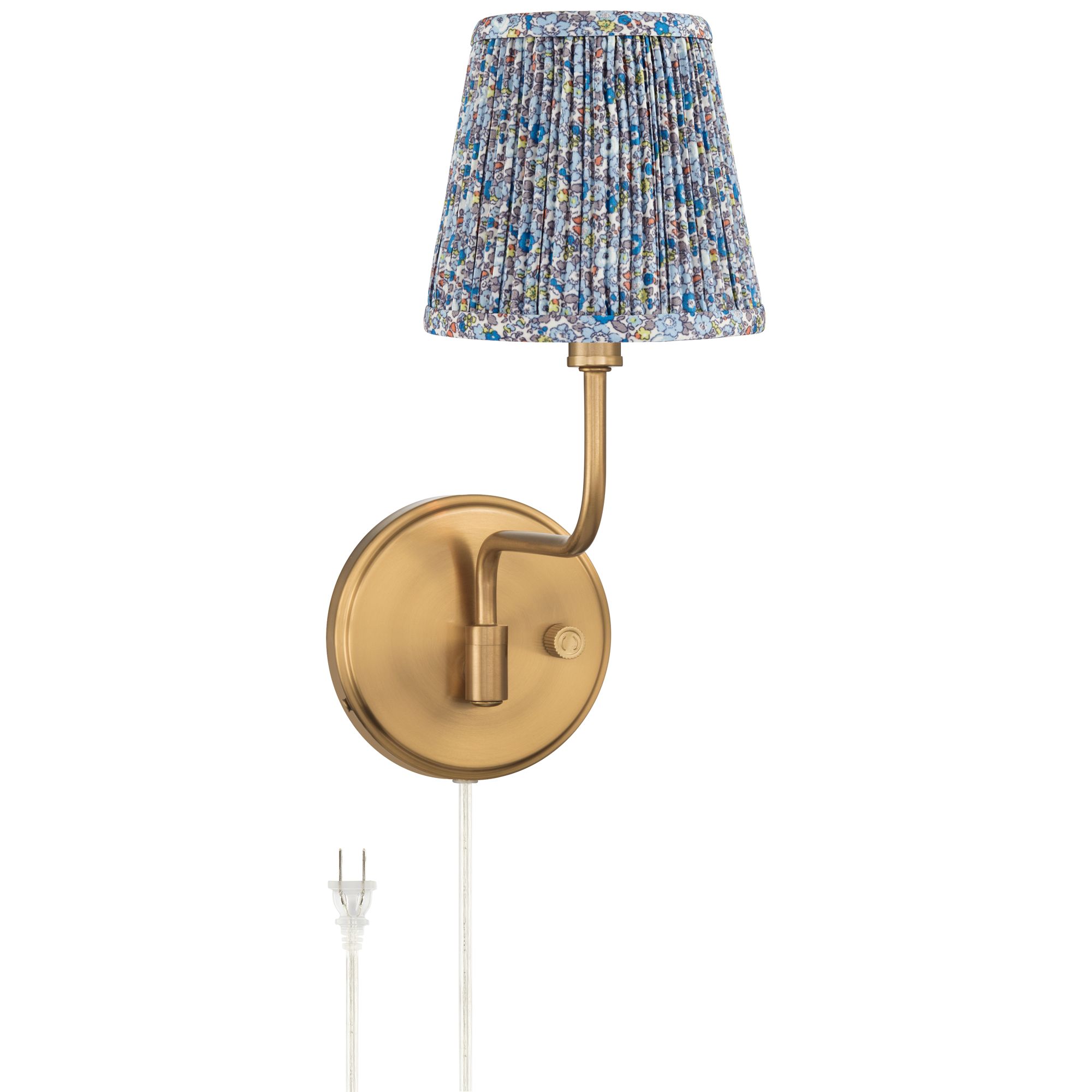 Image 2 Emma 9 1/2"H Warm Brass Plug-In Wall Sconce Blue Floral Pleated Shade