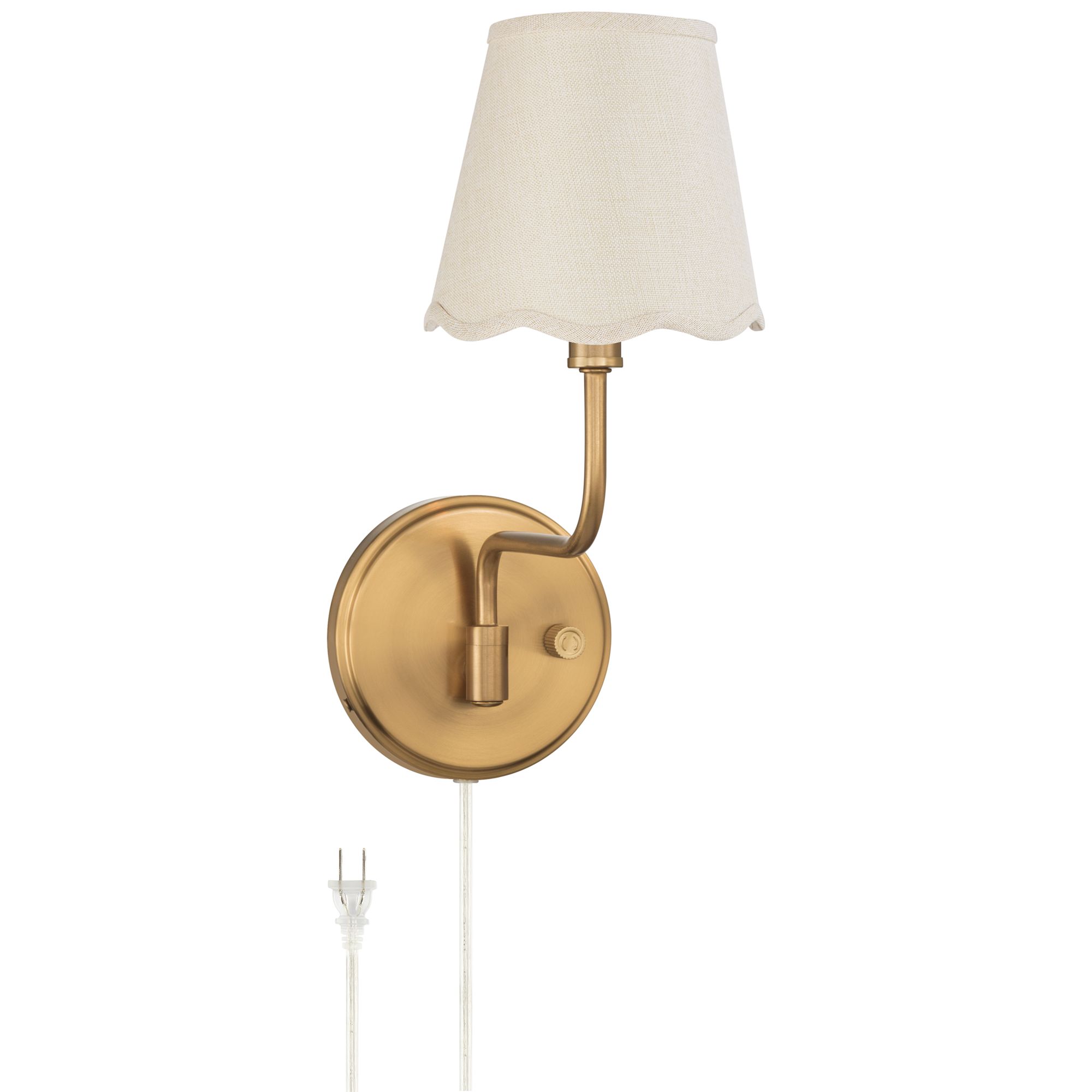 Image 2 Emma 9 1/2"H Warm Brass Plug-In Wall Sconce Off-White Scallop Shade