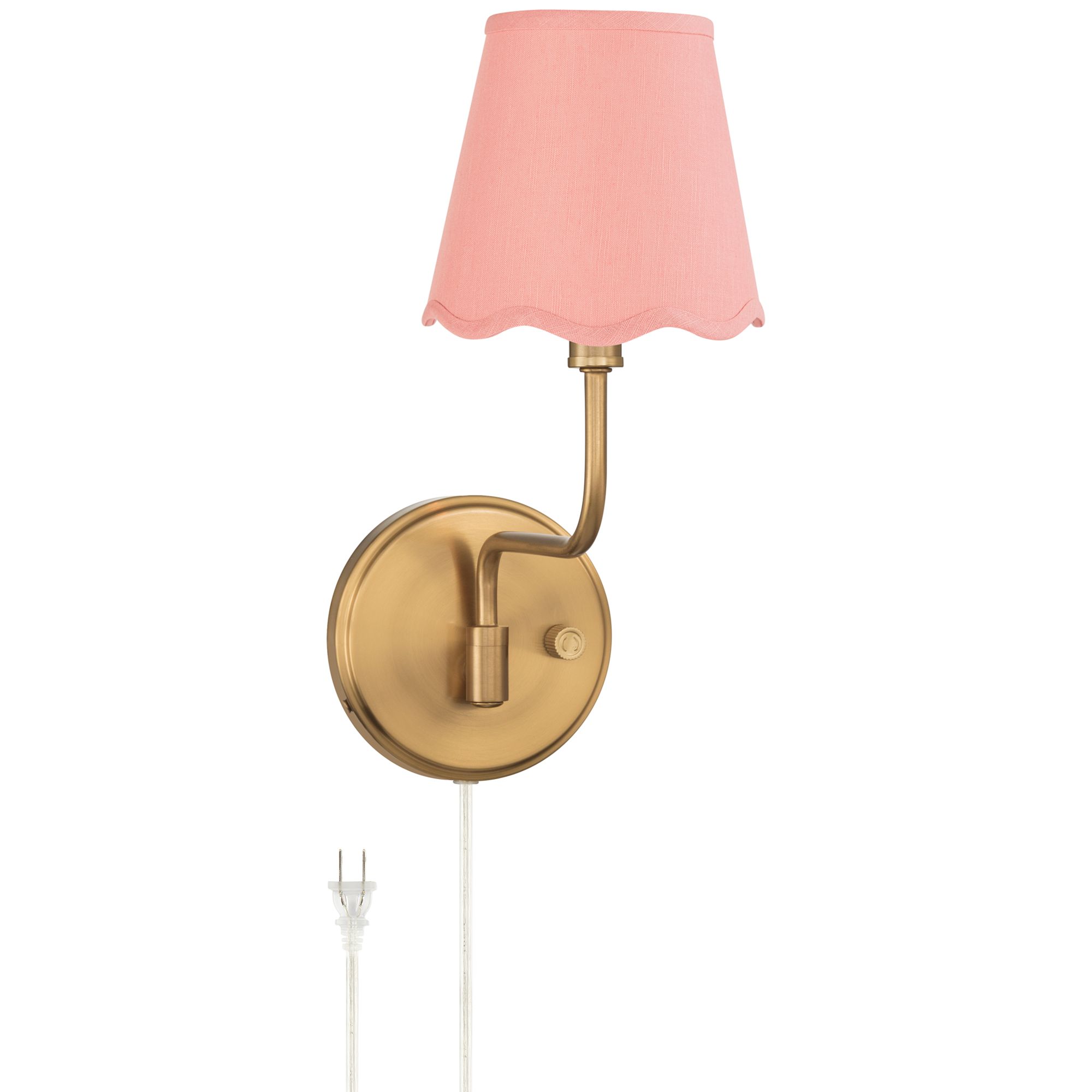 Image 2 Emma 9 1/2"H Warm Brass Plug-In Wall Sconce with Pink Scallop Shade