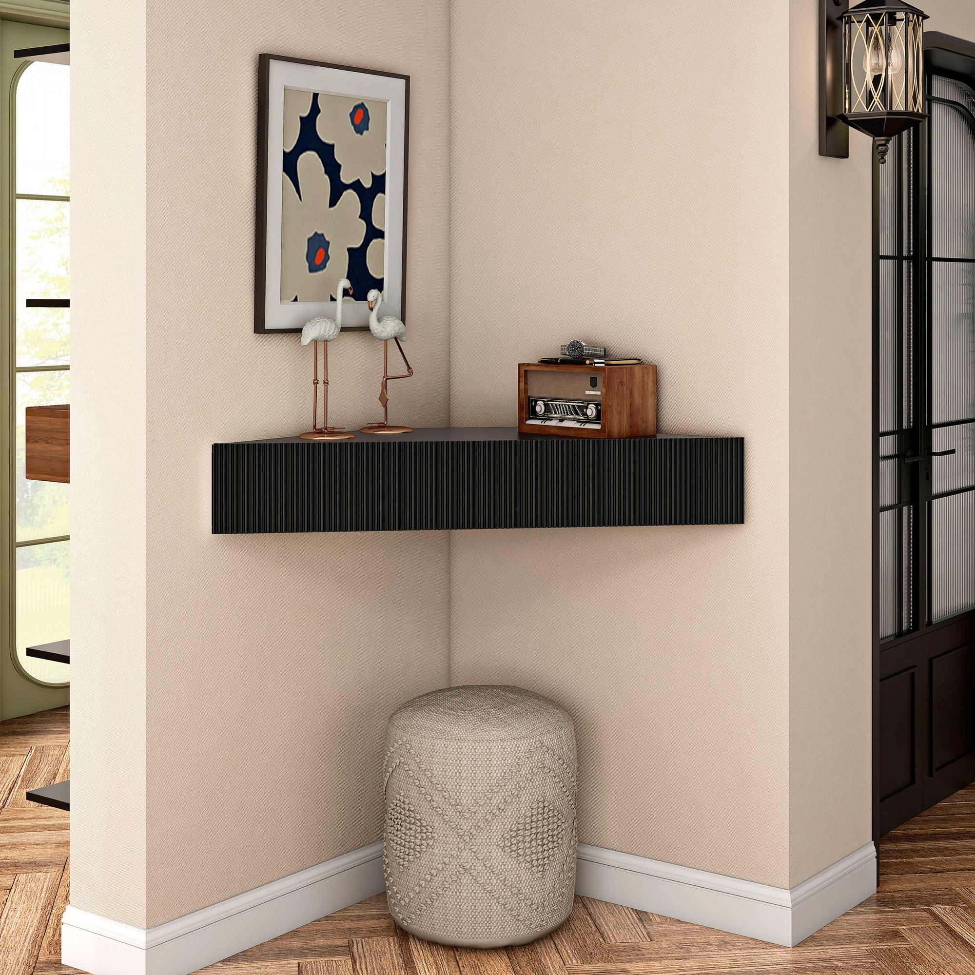 Emmeline 46 1/2" Wide Black 3-Door Floating Corner TV Stand
