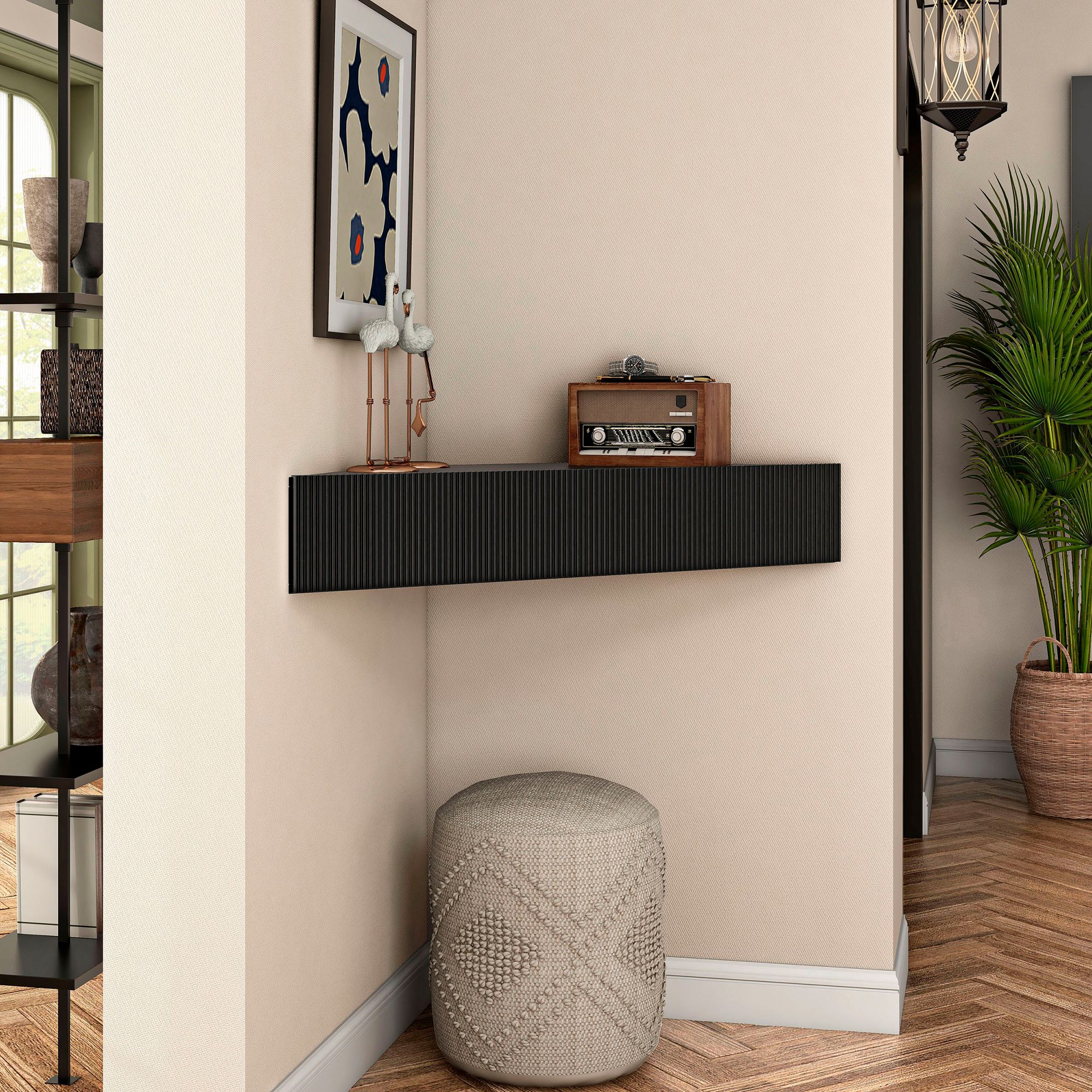 Emmeline 46 1/2" Wide Black 3-Door Floating Corner TV Stand