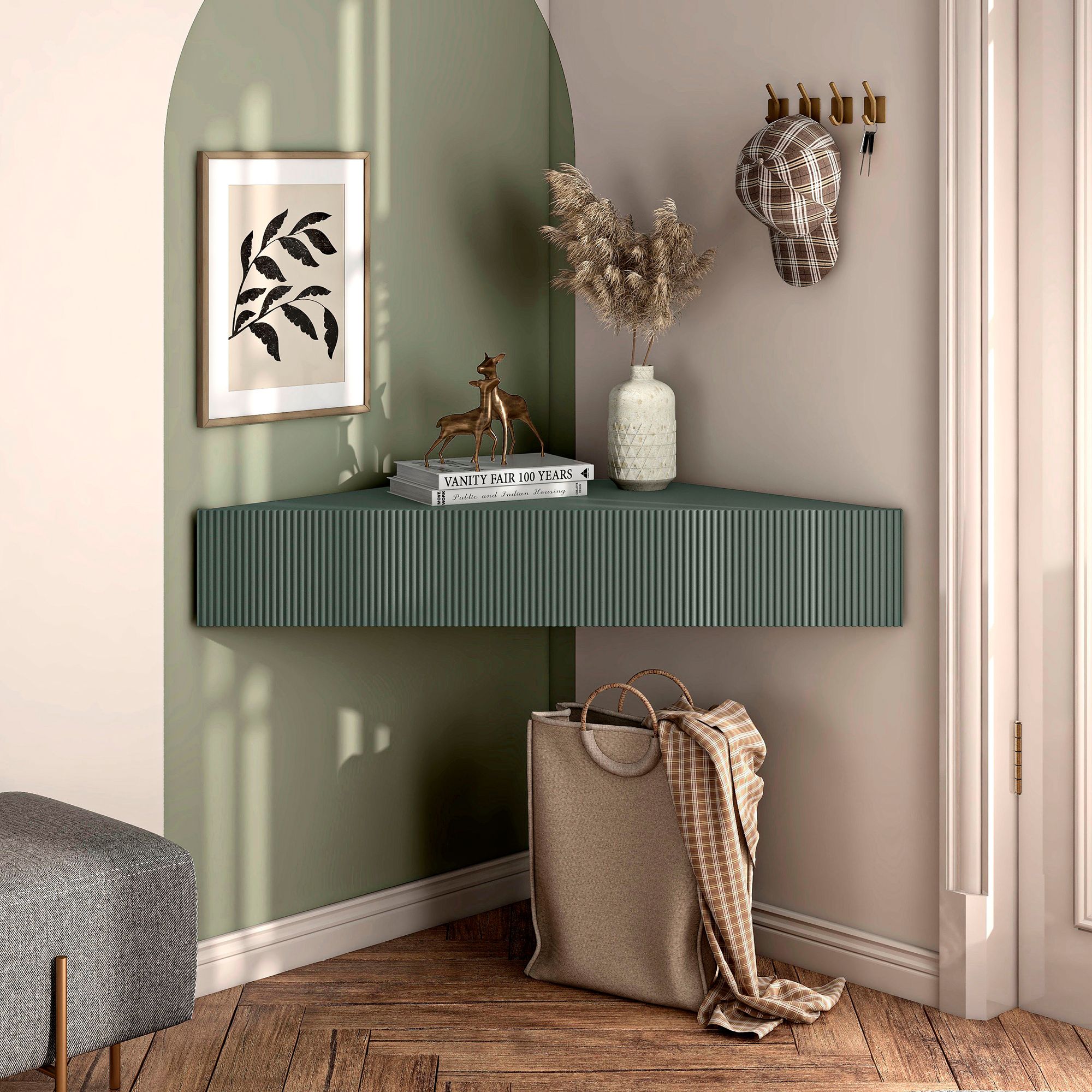 Emmeline 46 1/2"W Sage Green 3-Door Floating Corner TV Stand