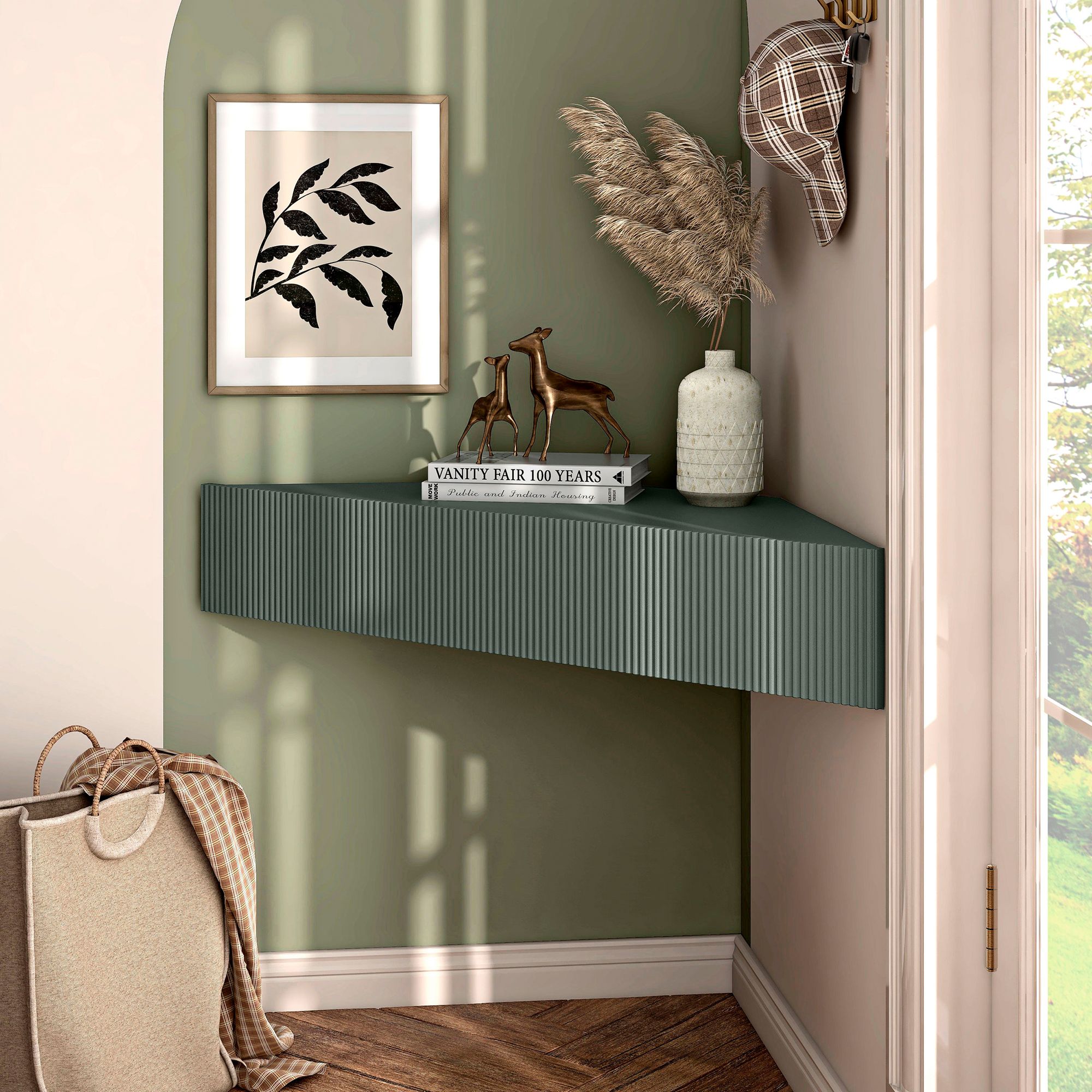 Emmeline 46 1/2"W Sage Green 3-Door Floating Corner TV Stand