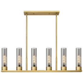 Empire 44.25"W 6 Light Brushed Brass Stemmed Linear Pendant w/ Smoke S Empire 44.25"W 6 Light Brushed Brass Stemmed Linear Pendant w/ Smoke S
