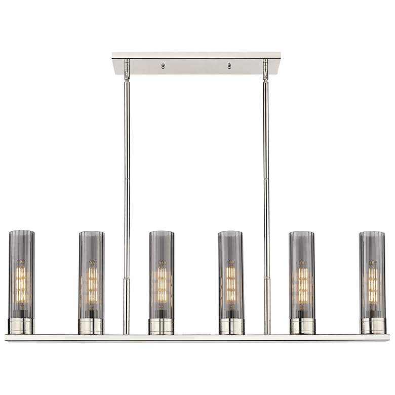 Image 1 Empire 44.25"W 6 Light Polished Nickel Stem Linear Pendant w/ Smoke Sh