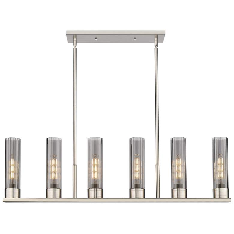Image 1 Empire 44.25"W 6 Light Satin Nickel Stemmed Linear Pendant w/ Smoke Sh