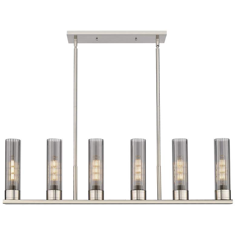 Image 1 Empire 44.25 inchW 6 Light Satin Nickel Stemmed Linear Pendant w/ Smoke Sh