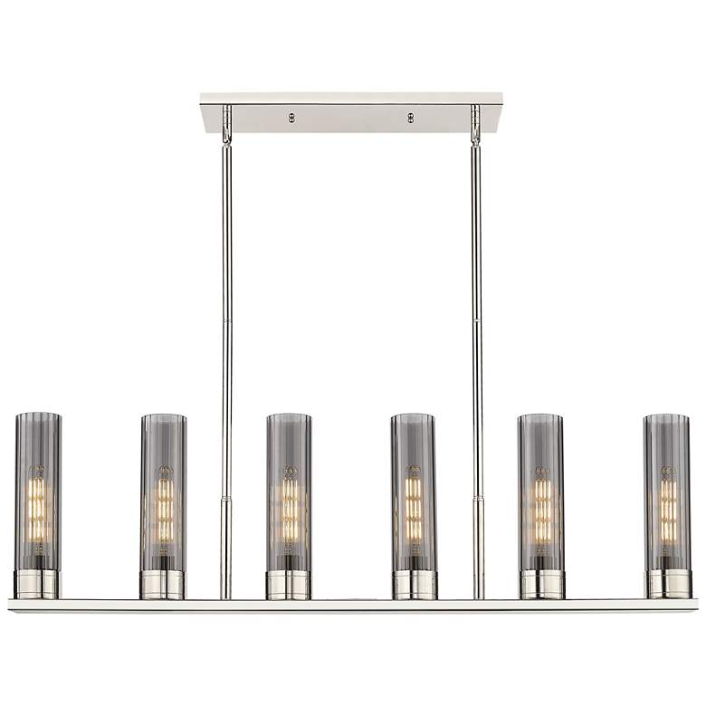 Image 1 Empire 44"W 6 Light Stemmed Polished Nickel Linear Pendant w/ Smoke Sh