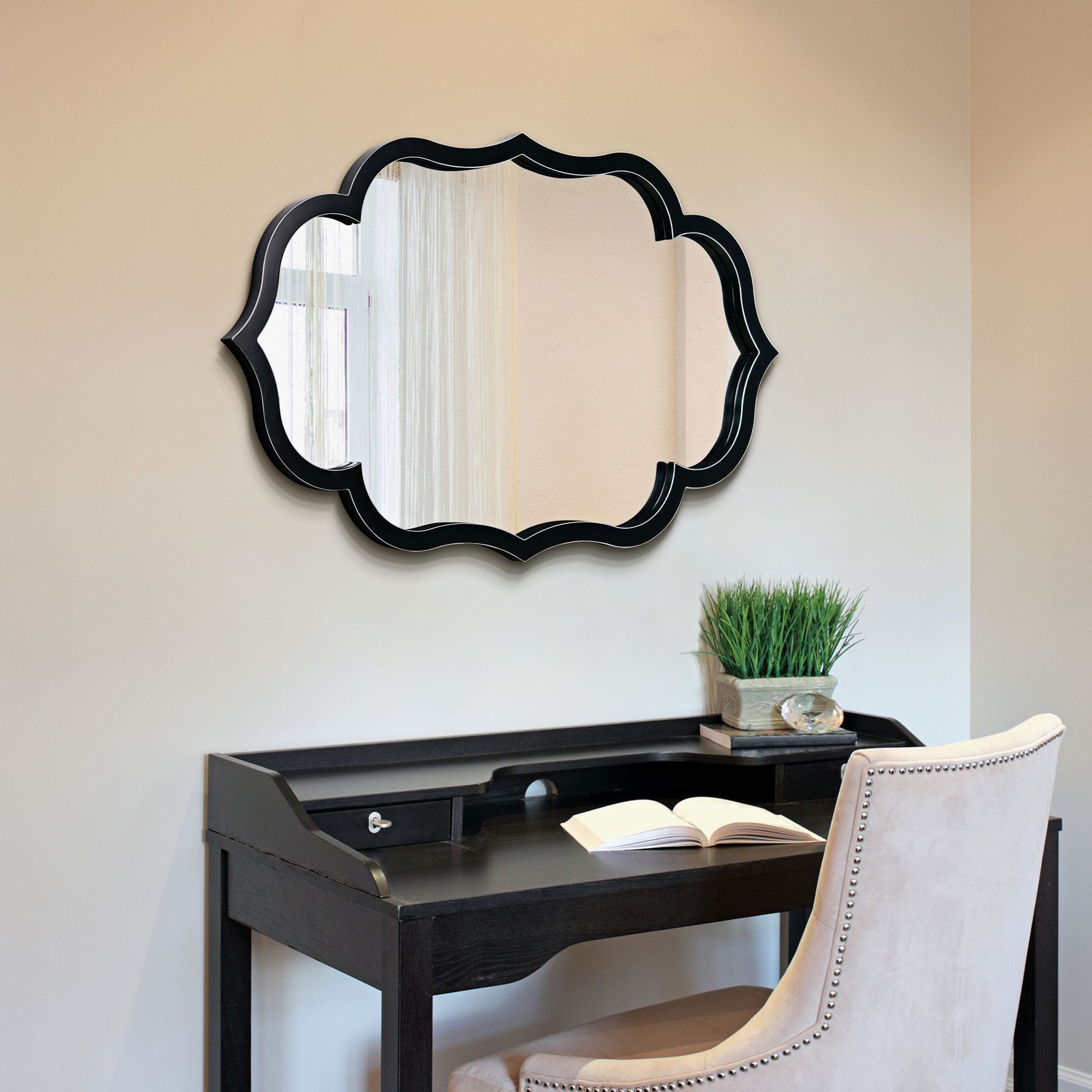Empire Art Direct Curved Scalloped Wall Mirror on Black Matte Frame