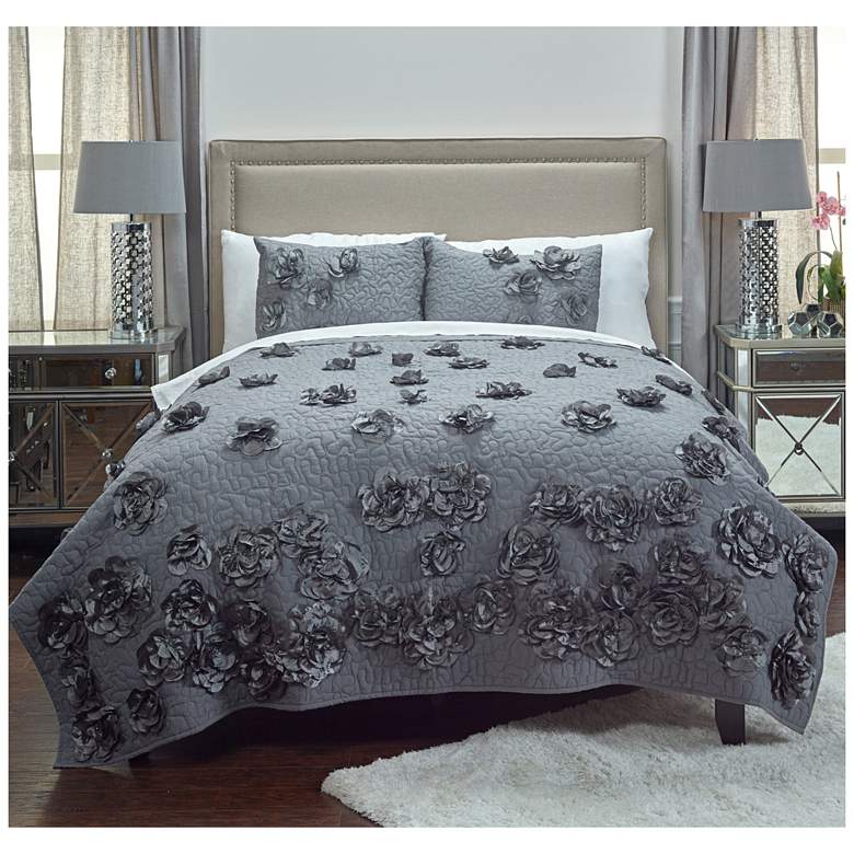 Image 1 Enchanted Hand-Embroidered Gray Queen Quilt