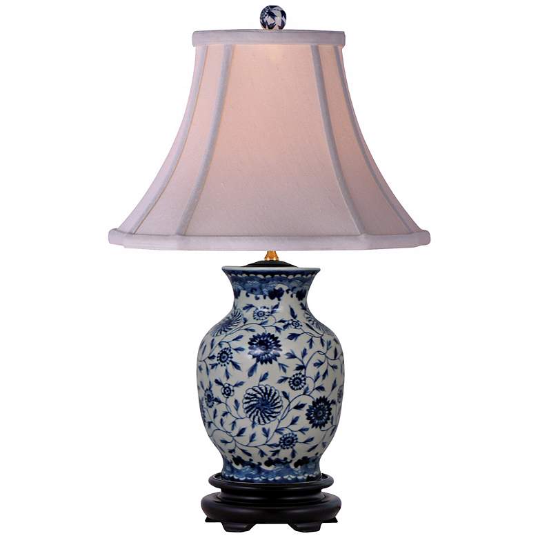 Image 1 English Floral 20 1/2" High Blue and White Porcelain Vase Table Lamp