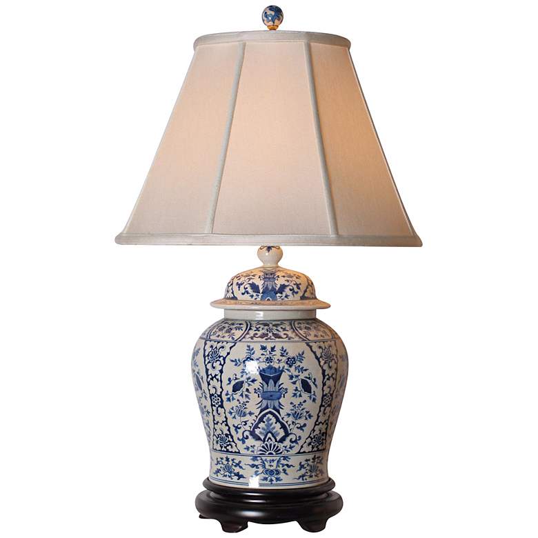 Image 3 English Floral 30" High Blue and White Temple Jar Porcelain Table Lamp