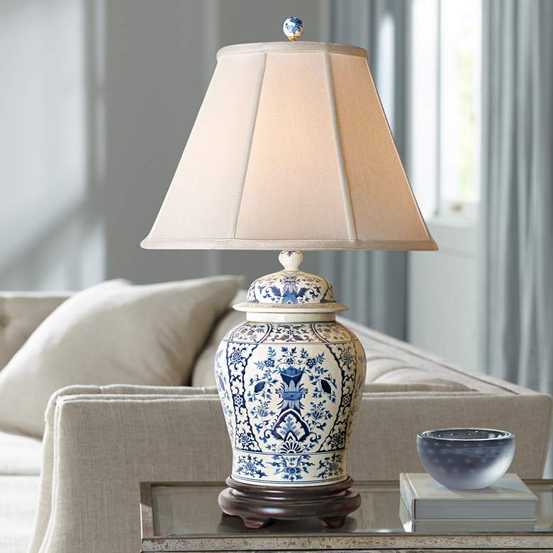 Image 1 English Floral 30 inch High Blue and White Temple Jar Porcelain Table Lamp